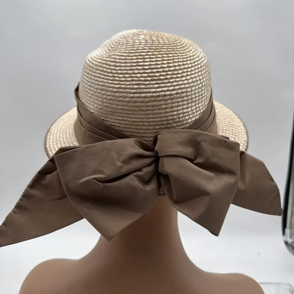 Vintage Sally Victor Headlines Women’s Straw Hat – Brown & Cream with Ribbon Bow
